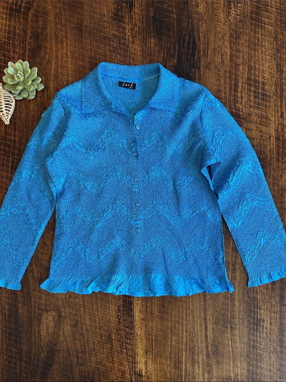 Surf | Vintage Bright Blue Crinkle Popcorn Button Down Shirt, Size L